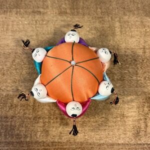 Vintage Asian Chinese Man Pin Cushion Orange Satin Sewing Colorful Fun Children